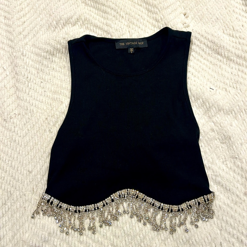 Vintage Black Crop Tank Top with Silver Beading. Perfect for Nashville!